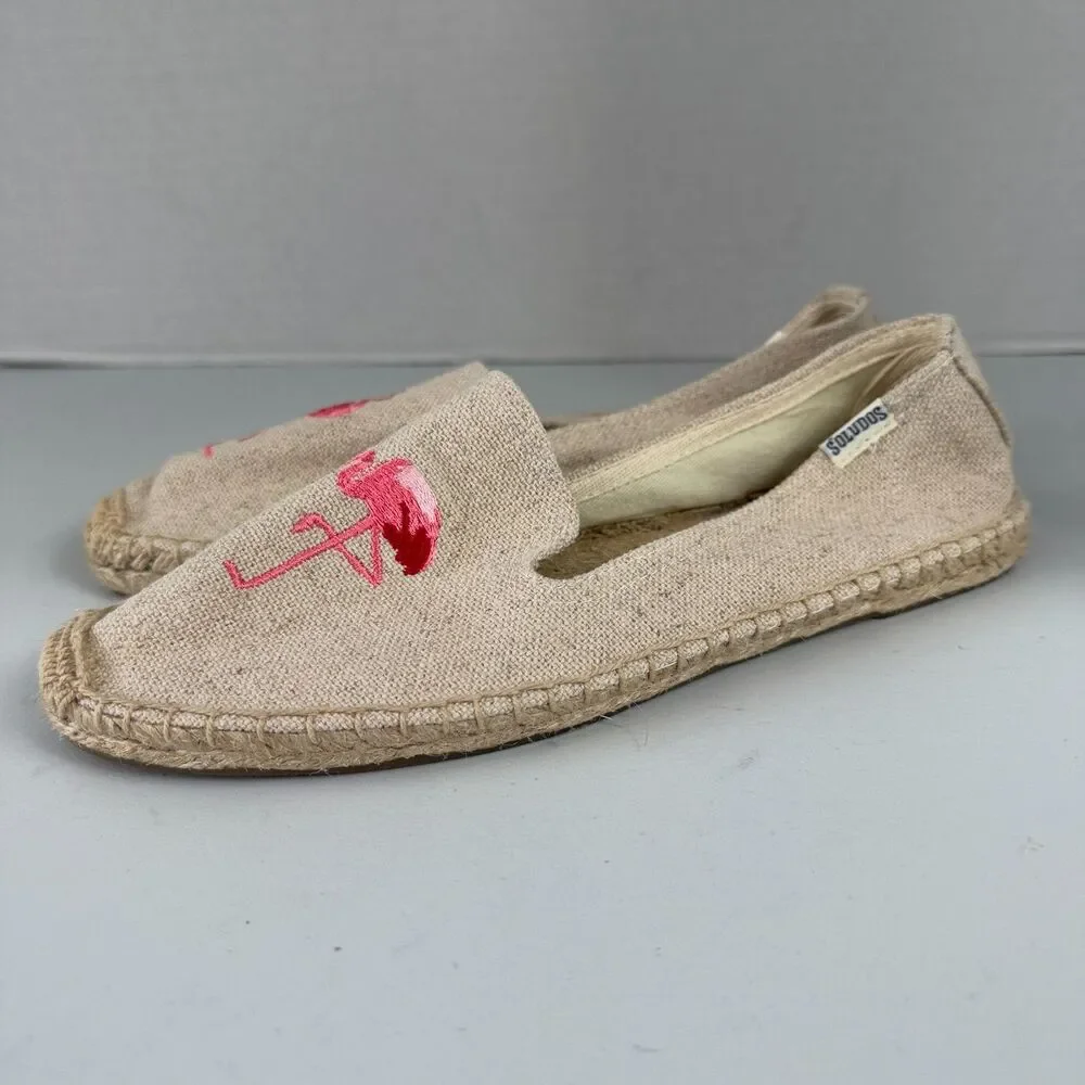 Soludos Espadrille Natural Slip On Shoes Pink Flamingo Embroidered Women's 7